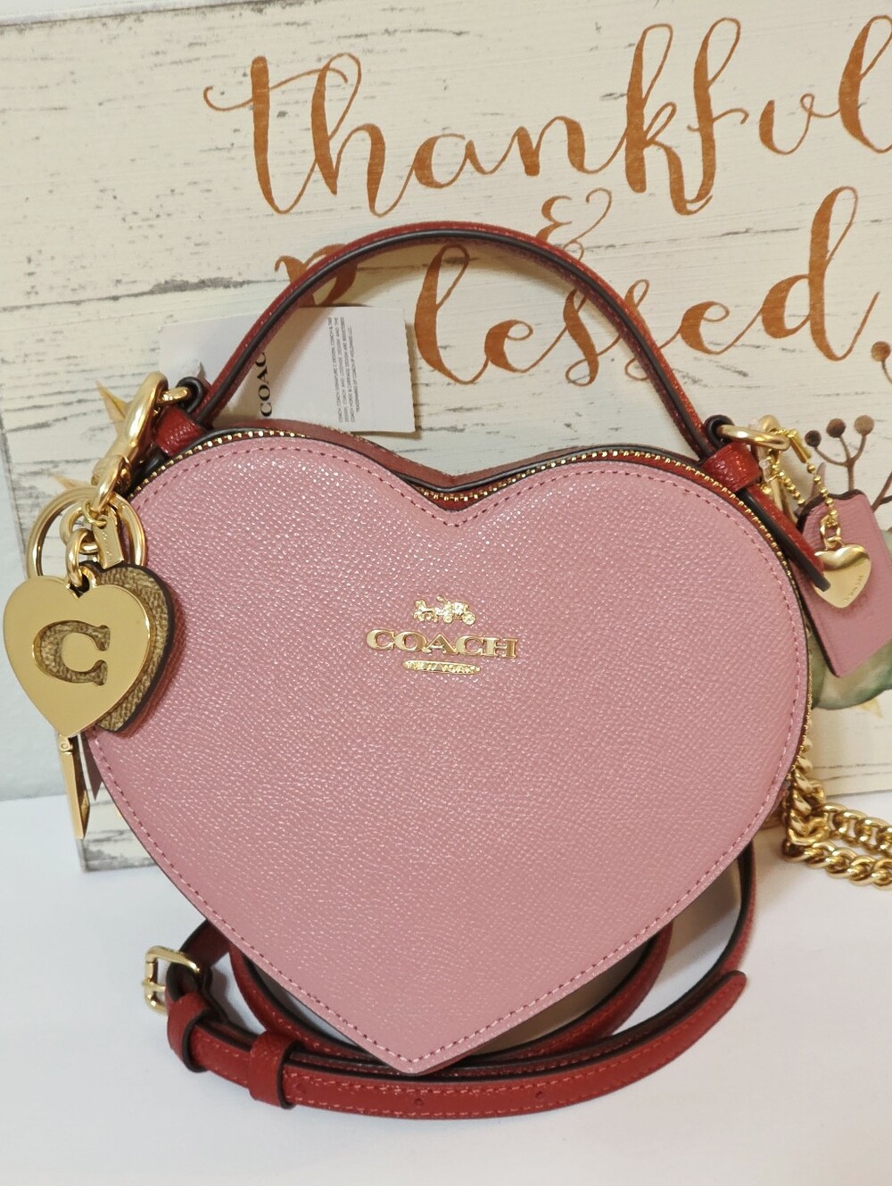 Coach Colorblock Heart Crossbody Bag True Pink Red C6952 + Coach Heart Charm